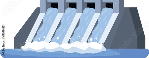 Water flowing through hydroelectric dam, generating renewable energy