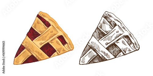 Hand drawn vintage sketch of cherry pie slice with lattice crust in color and monochrome bakery design