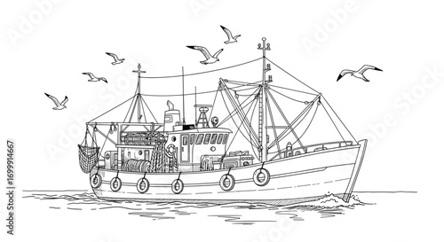 Fishing vessel with seagulls sailing on the ocean waves illustration