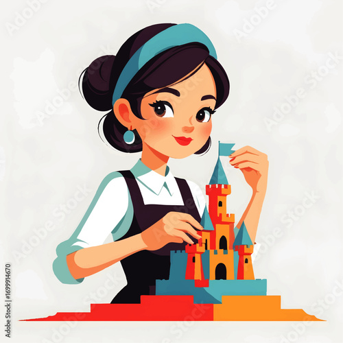 Woman Building a Colorful Toy Castle with Blocks
