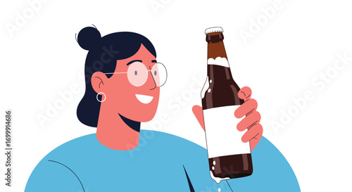 Smiling woman holding up a bottle of dark colored beverage with a white label