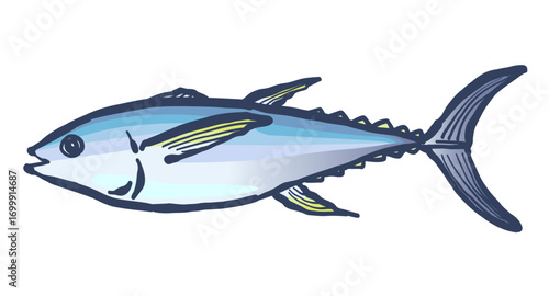 筆で描いた、魚の「キハダマグロ」。Yellowfin tuna fish painted with a brush