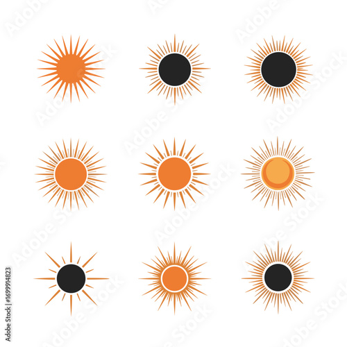 A collection of stylized sun and eclipse illustrations with bursting rays and ornate details perfect for celestial themed designs