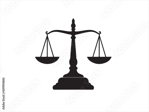 Balance scale icon in silhouette white background.