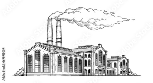 Historic industrial factory building emitting smoke from chimneys a sketch