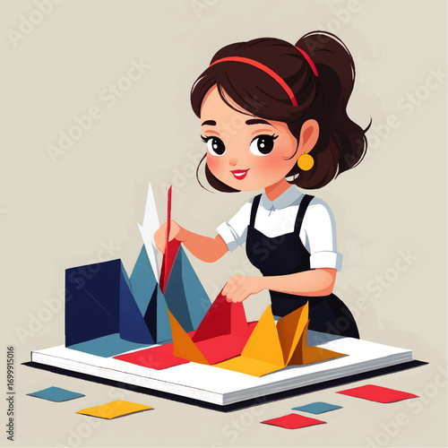 Creative Girl Building Colorful Paper Models