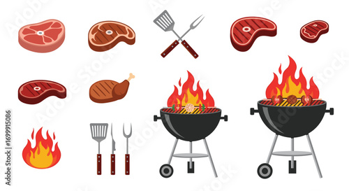 Delicious barbecue food grilling cooking fire meat steak chicken spatula fork
