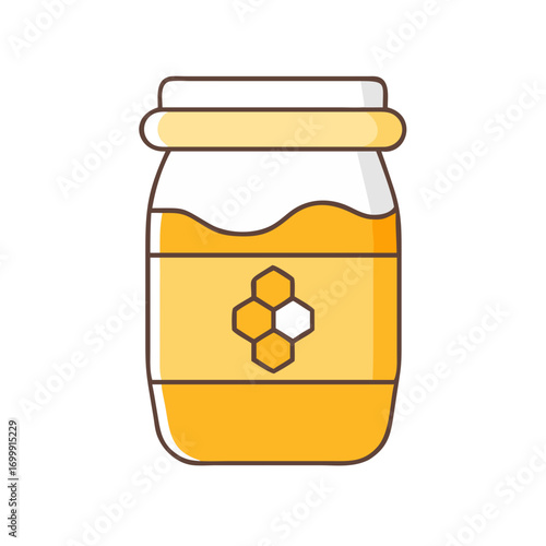 Cartoon style jar of honey with honeycomb on a white background