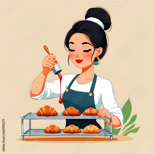 Young woman decorating freshly baked croissants on a cooling rack
