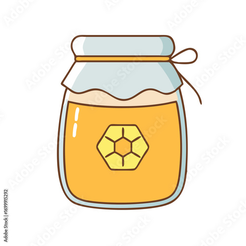 Illustration of cute jar of golden honey with honeycomb design element
