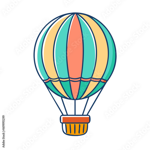 Colorful striped hot air balloon illustration on a white isolated background
