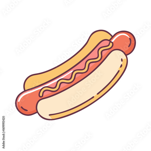 Stylized hot dog with mustard in a bun illustration on white background