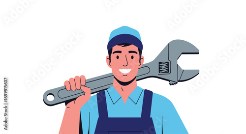 Skilled handy person with a large adjustable wrench ready to help with repairs