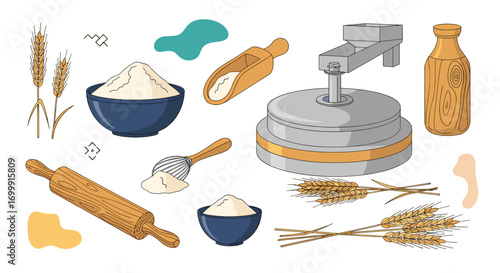Ingredients and tools for baking fresh bread from grain to dough preparation