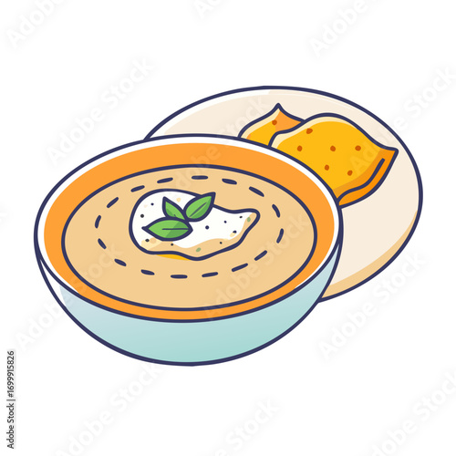 Cartoon creamy soup bowl with tortilla chips for a tasty lunch