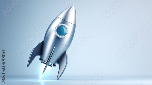 Sleek rocket ship metallic finish futuristic style blue window launching minimal background technology innovation imagination