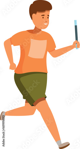 Young man running fast and holding a relay baton, participating in a track and field competition