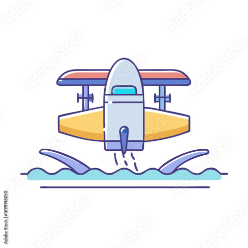 Cartoon Icon of a Hydrofoil Boat Hovering over Water with Wake