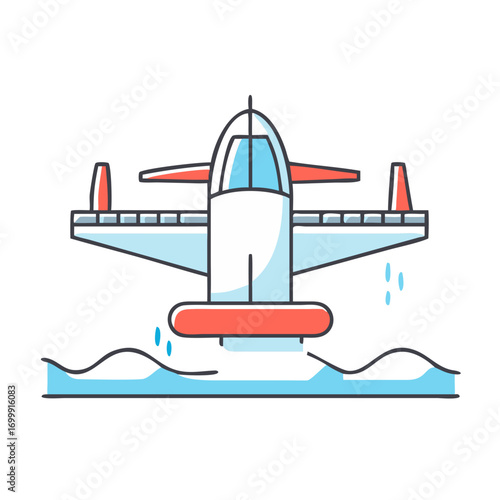 An illustration of a water scooping aircraft over an ocean surface view