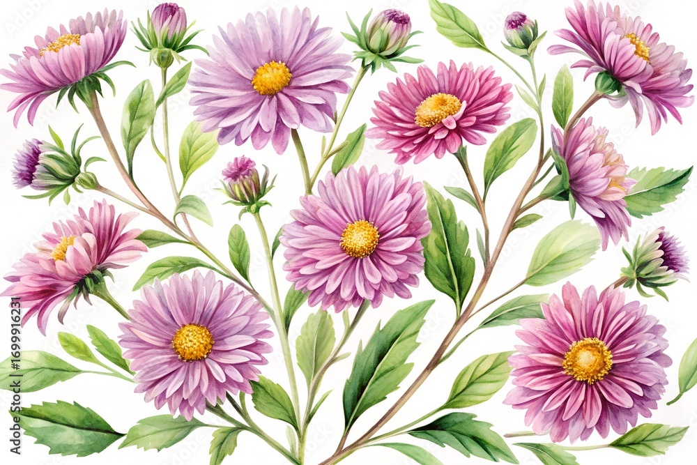 Fototapeta premium Watercolor Illustration of Pink Aster Flowers with Green Leaves on White Background