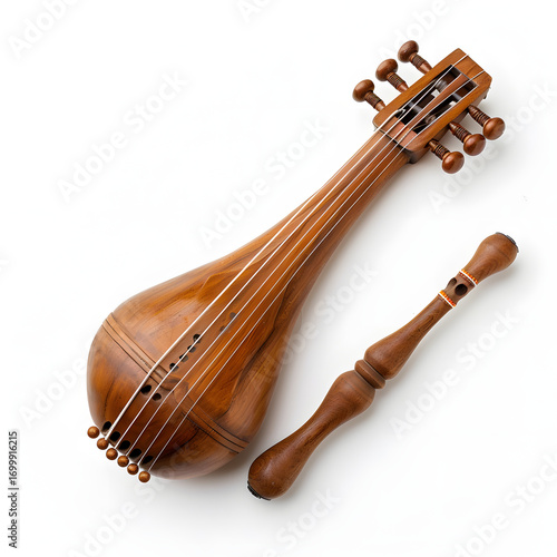 Ethnic Stringed Instrument with Wooden Beater isolated on White: Traditional Music, Folk Art, Exotic Sound, Natural