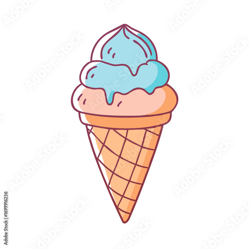 A delightfully whimsical single scoop ice cream cone with melting toppings