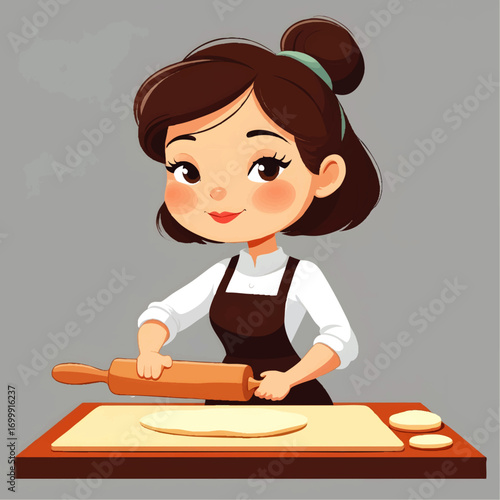 Young Woman Baking Dough with Rolling Pin and Pastry Board