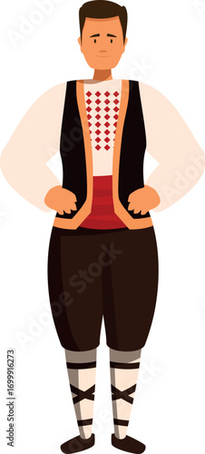 Folk dancer wearing traditional bulgarian costume with vest and embroidery, representing bulgarian culture and heritage