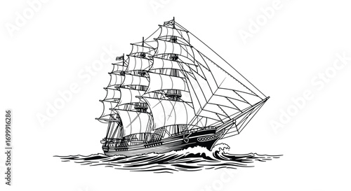 Majestic tall ship sailing on the open sea under full sail illustrative drawing