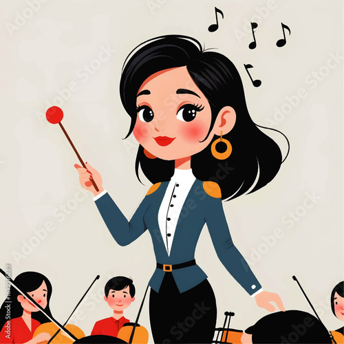 Young Woman Conducting an Orchestra with Music Notes Floating Above