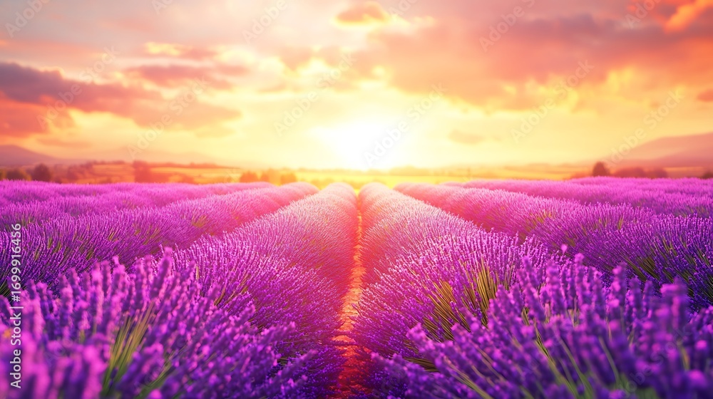 Obraz premium Serene sunset over an expansive lavender field, showcasing vibrant purple flowers and a golden sky