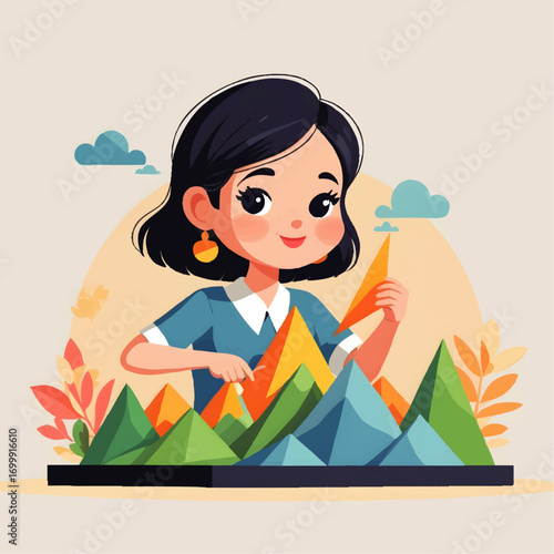 Woman arranging geometric mountain shapes in a creative display

