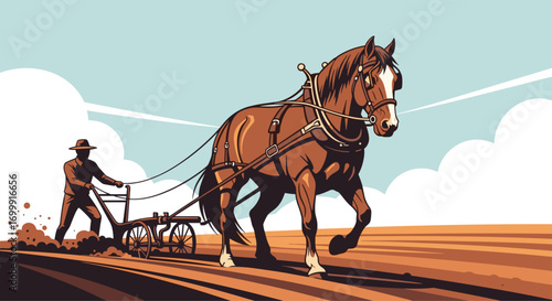 Farmer guiding horse drawn plow through fertile field during sunny day