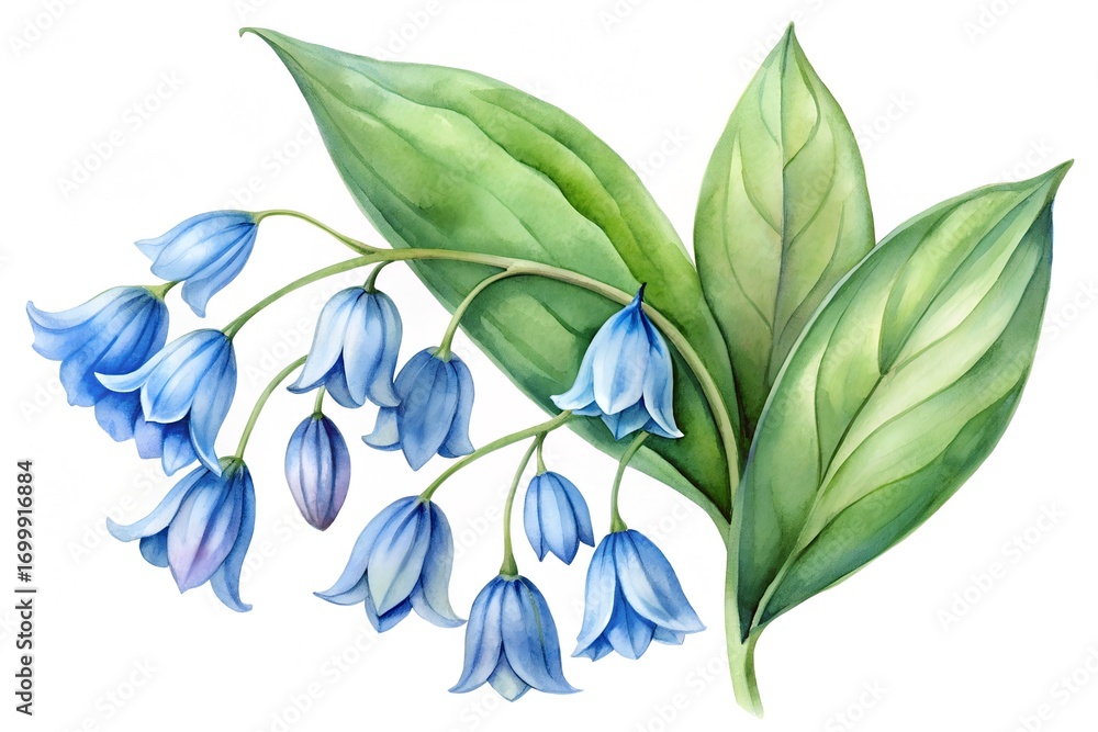Obraz premium Watercolor Painting of Bluebell Flowers with Green Leaves on a White Background