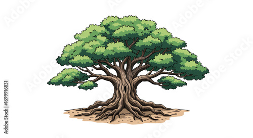 Majestic ancient tree with spreading branches and exposed roots symbolizing nature's resilience and growth