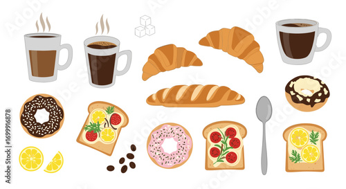 Assortment of delicious breakfast pastries coffee and toasted bread