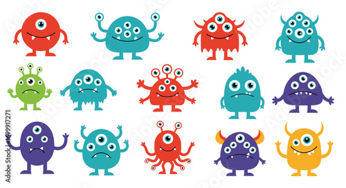 Collection of colorful adorable pixel art monsters with multiple eyes and arms