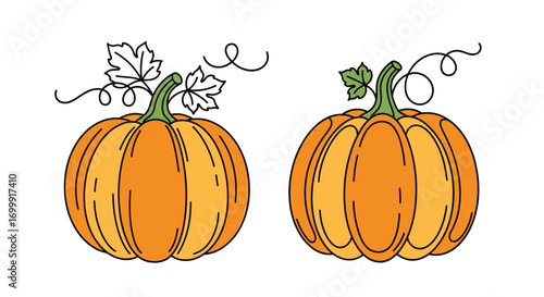 Decorative autumn pumpkins with twisting vines and leaves for seasonal harvest decor