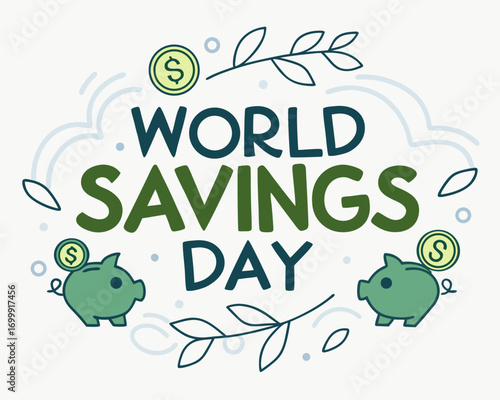 World Savings Day Illustration with Piggy Banks Coins and Leaves Promoting Financial Awareness and Planning