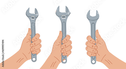 Three human hands grasping adjustable wrenches in a white background