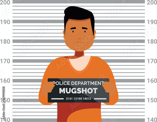 Criminal posing for a mugshot, holding a sign with the words police department and mugshot