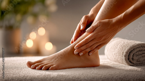 Wallpaper Mural Relaxing spa massage treatment with gentle hands applying pressure to a woman's ankle, surrounded by soft towels and calming candlelight for a soothing wellness experience Torontodigital.ca