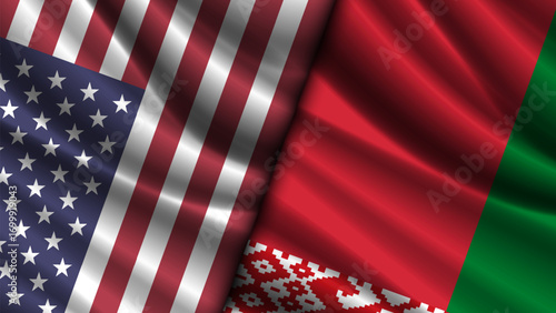 Vector wavy national flags of United States of America and Republic of Belarus. Relations between countries. American and Belarusian. Political economic banner