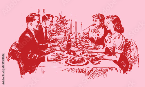 Retro pencil monochrome illustration of family gathered at Christmas dinner table. Vintage crayon sketch festive art. Nostalgic holiday celebration or winter feast.
