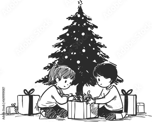 Black and white illustration of children opening Christmas presents under decorated tree. Charcoal sketch drawing childhood celebration graphic illustration.