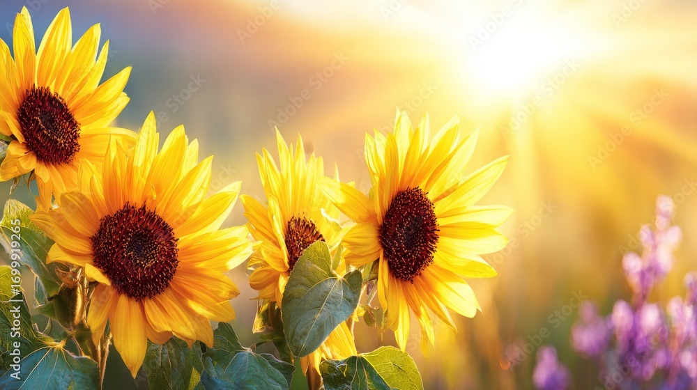 Obraz premium A brilliant blue sky serves as the backdrop for a lush field of blooming sunflowers