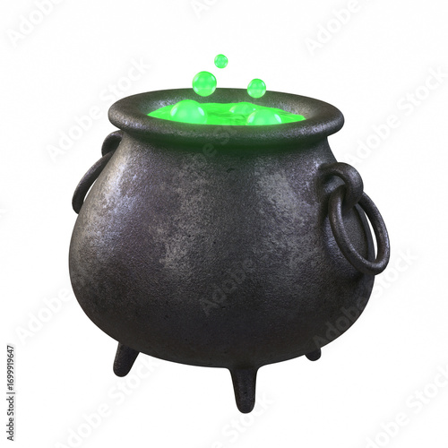 Black witch cauldron filled with a bubbling green potion isolated object on transparent background for Halloween party concept in 3D cartoon illustration