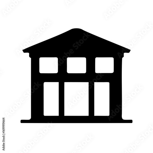 Black building silhouette featuring a classical temple front with columns and windows