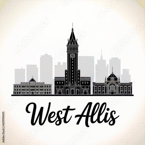 West Allis Skyline Silhouette — Wisconsin Fairgrounds and City Landmark Vector Illustration