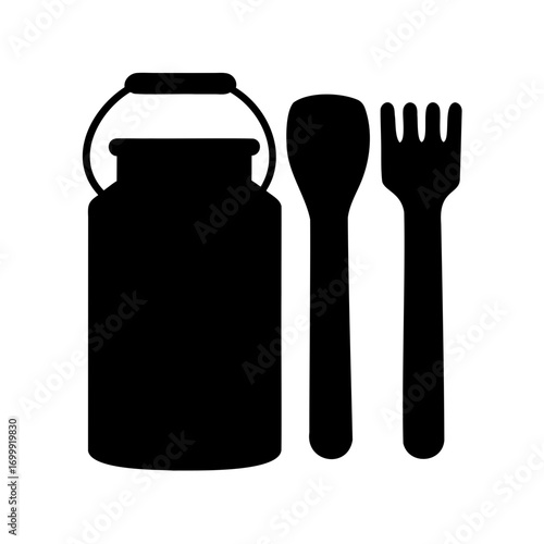 Milk can with handle, spoon and fork food set icon black